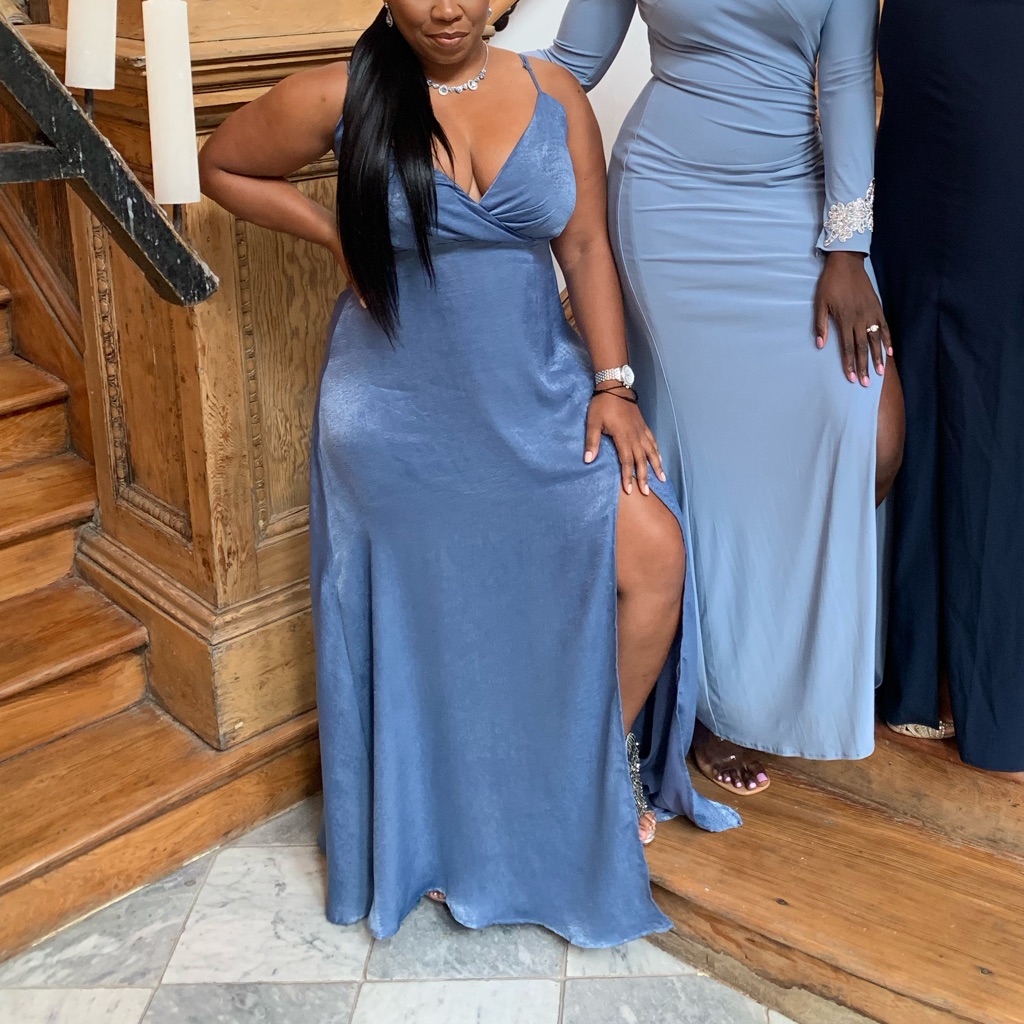 Lulu’s Satin Maxi Dress With Slit. Slate Blue.
